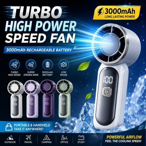 Cooling 6 Gear Wind Mini Portable Fan Air Turbo Tech LED Display USB Rechargeable Fan Adjustable Ultra-quiet Pocket Fan Camping