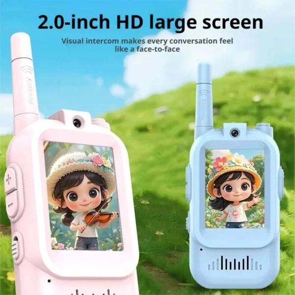 2Pcs Cute Children's Video Walkie-talkie 2-inch HD Screen Rechargeable Voice Fonts One-Click Call Kids Gifts With 4 Voice Effec
