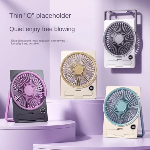 Ultra Thin Mini USB Rechargeable Card Fan LCD Digital Display 6 Speed Adjustable Portable Desktop Fan Hanging Quiet Personal Fan